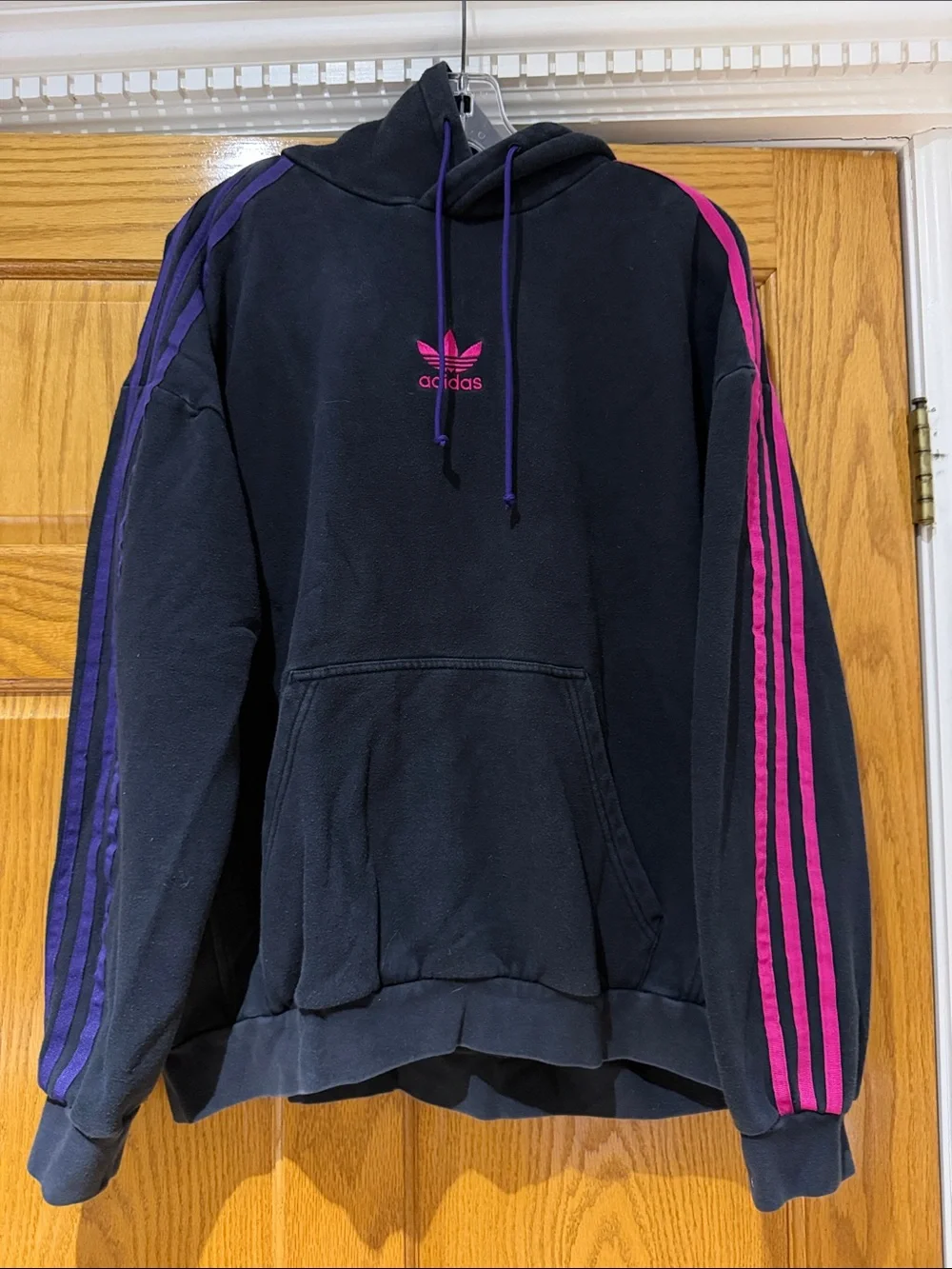 adidas Black Hoodie with Pink & Purple Stripe Accents